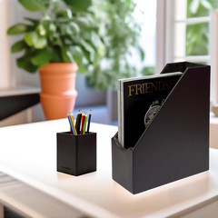 Square Pen Holder Leather Pencil Cup Desktop Caddy Stationery Organizer Black