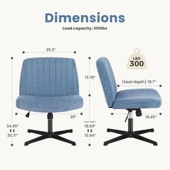 Office Desk Chair Wide Seat Swivel Adjustable Height Armless Blue Fabric