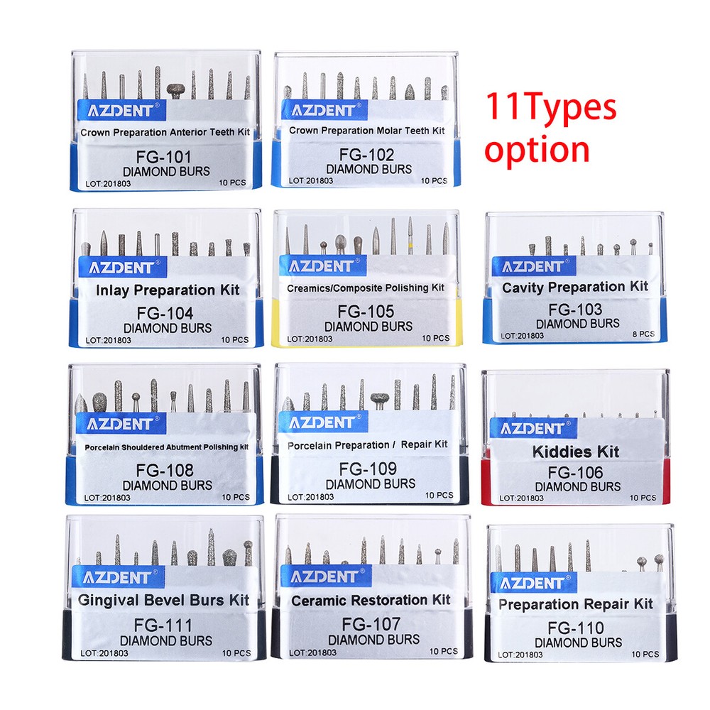 AZDENT Dental Diamond Burs Bur Set Kit FG101-FG117 fit Handpiece 10PCS/Kit