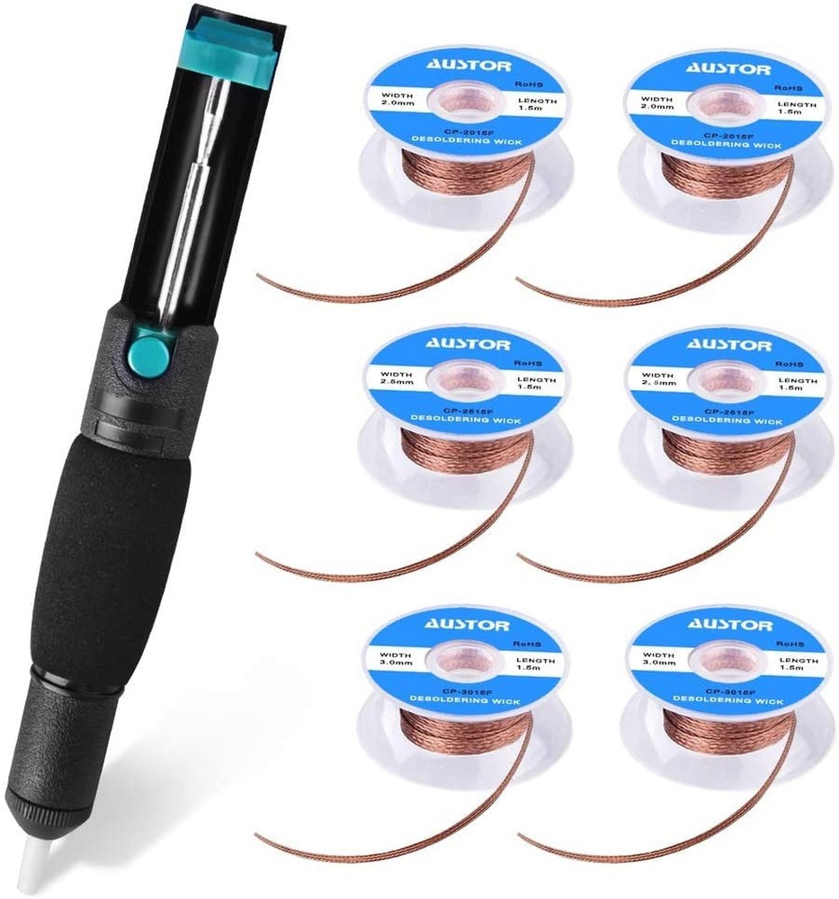 AUSTOR Desoldering Sucker and 6 Pcs Solder Braid Wick (2.0mm/2.5mm/3.0mm Widt…