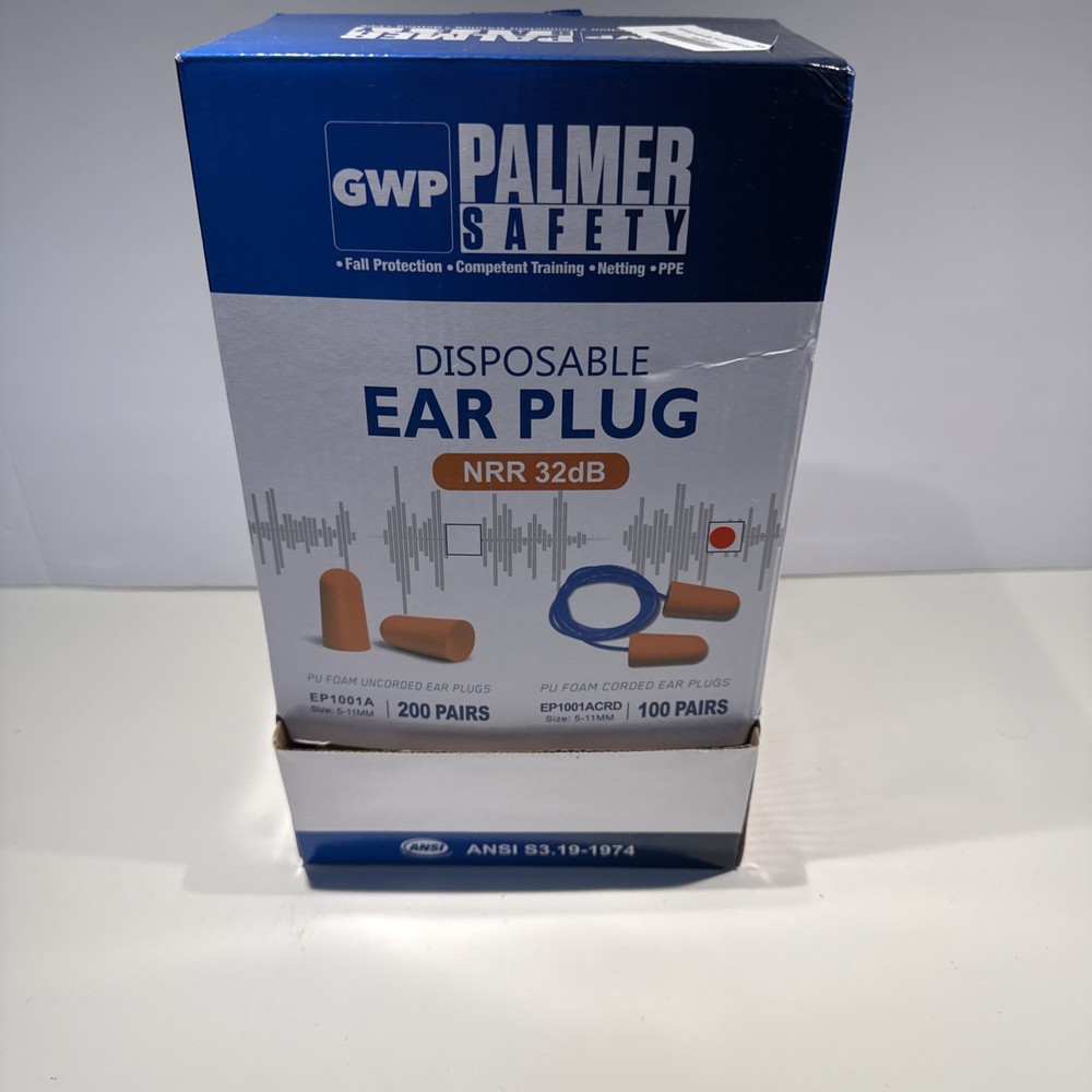 Palmer Safety Corded Earplugs 100 Pairs Soft Foam Individually Wrapped