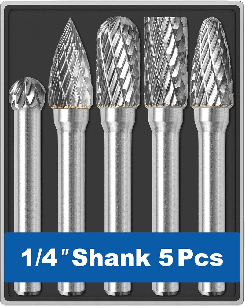 5x Carbide Burr Set 1/4″ Shank with Case – 8mm Rotary Bits for Metal Wood Stone