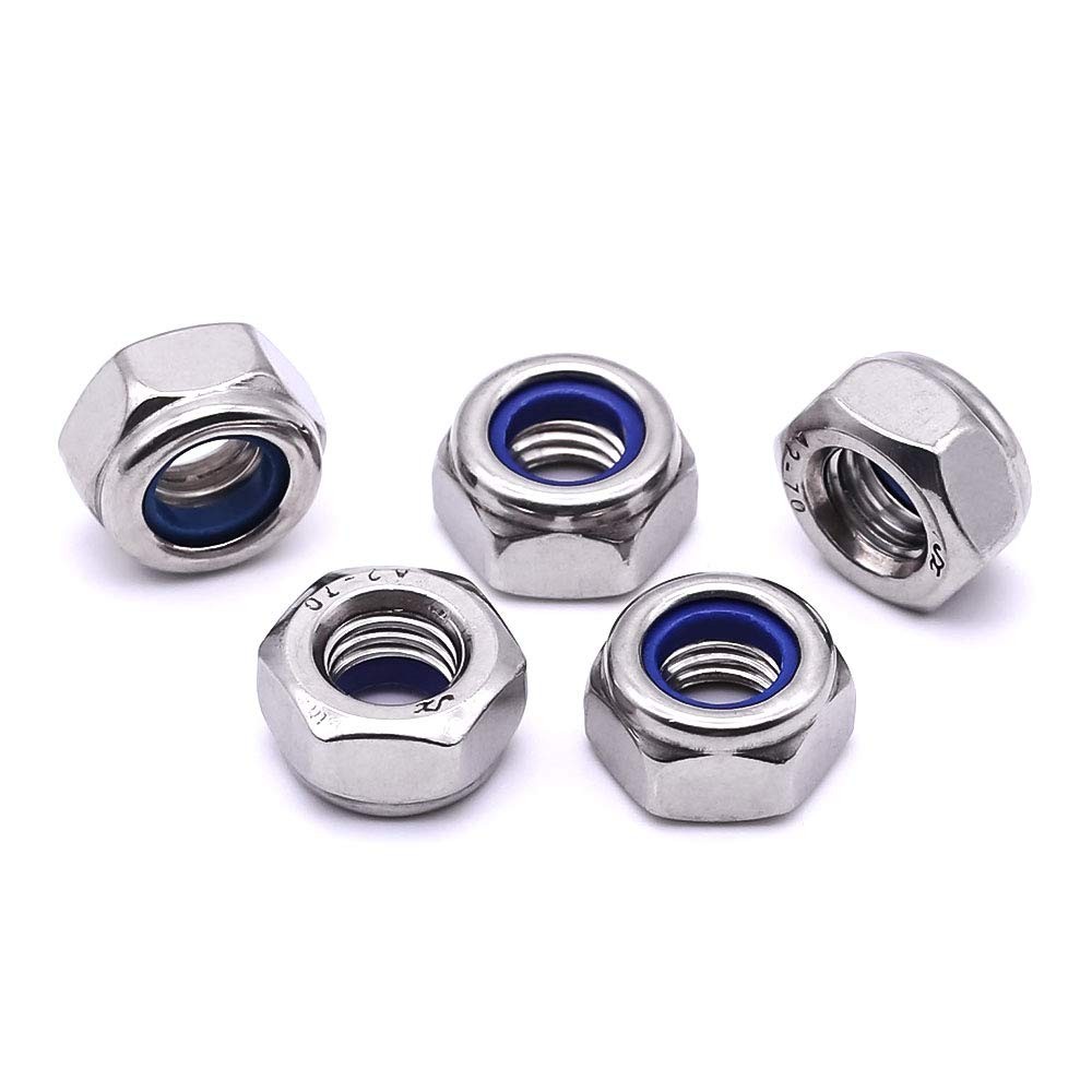 M5-0.8 (100 pcs) Nylon Insert Hex Lock Nuts 304 Stainless M5-0.8, Silver