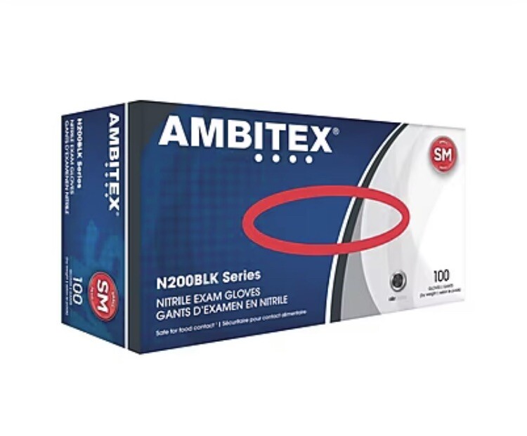 Ambitex N200BLK Nitrile Exam Gloves Small Black Box of 100 Count Food Safe