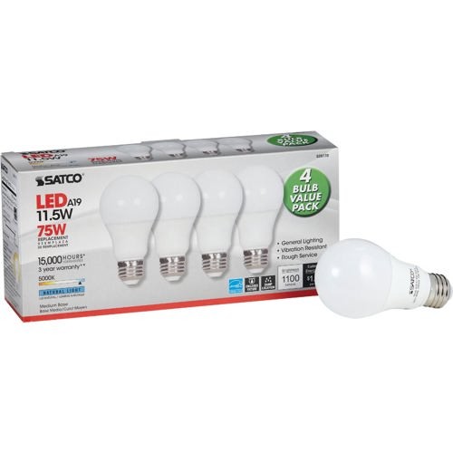 1Pc Satco 75W Equivalent Natural Light A19 Medium LED Light Bulb (4-Pack)