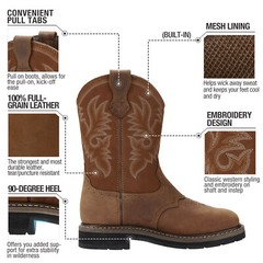 HISEA Men Grain Leather Western Cowboy Boots Steel/Soft Toe Waterproof Work Boot