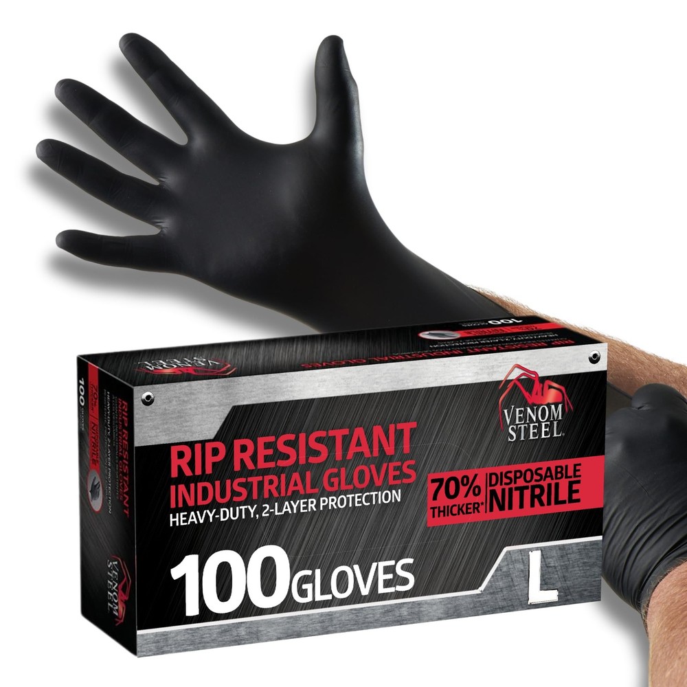 Venom Steel Industrial Nitrile Gloves, Chemical Large (Pack of 100), Black