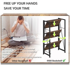 4Nm No Assembly Folding Bookshelf Storage Shelves 3 Tiers Vintage Bookcase