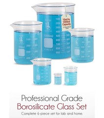 Karter Scientific Low Form Glass Beaker 6 Piece Set 10, 50, 100, 250, 500, 1000