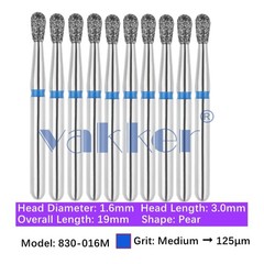 10pc Vakker Dental FG Diamond Burs Pear Burs for High Speed 830-016M Medium Grit