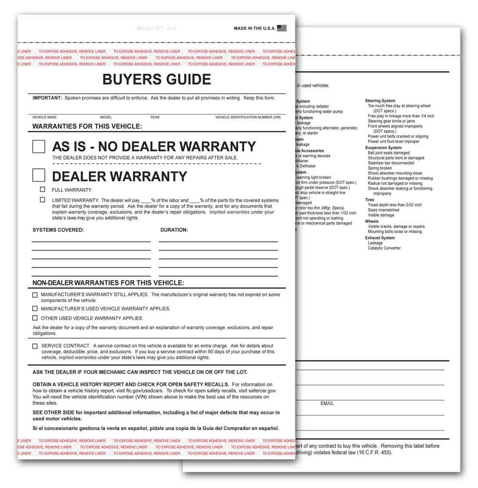 2-Part Buyers Guide Form – Adhesive Tape – English – As Is – Warranty (100 pack)