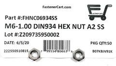 (50) M6 x 1.00 Stainless Steel DIN934 Metric Finished Hex Nut 6mm-1.0mm QTY:50