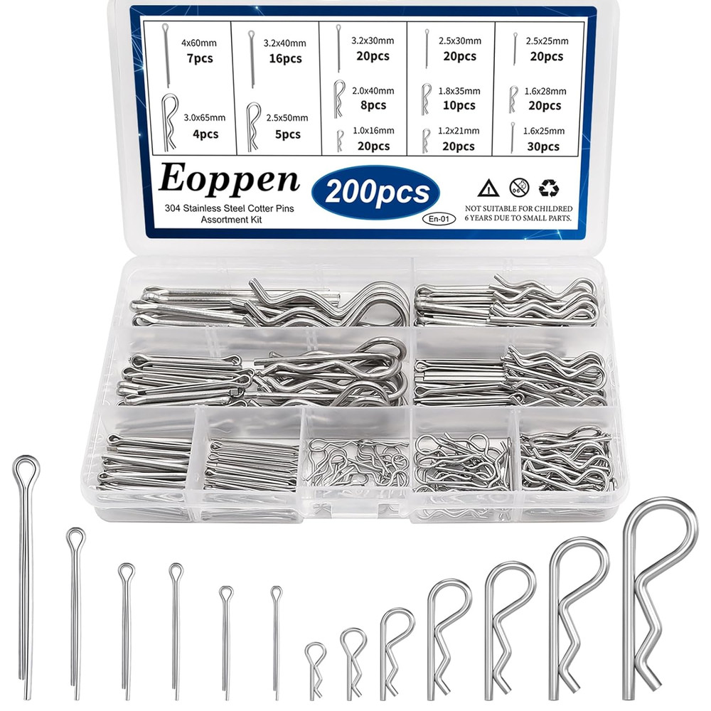 Cotter Pin Assortment Kit 304 Stainless Steel, 13 Sizes with R Clips, Cotter Pin