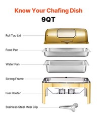 Gold 9QT Roll Top Chafing Dish Buffet Set Stainless Steel with Fuel Holder Hotel