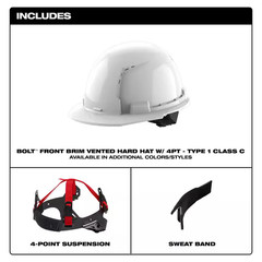 BOLT Red Type 1 Class C Front Brim Vented Hard Hat with 4 Point Ratcheting Suspe