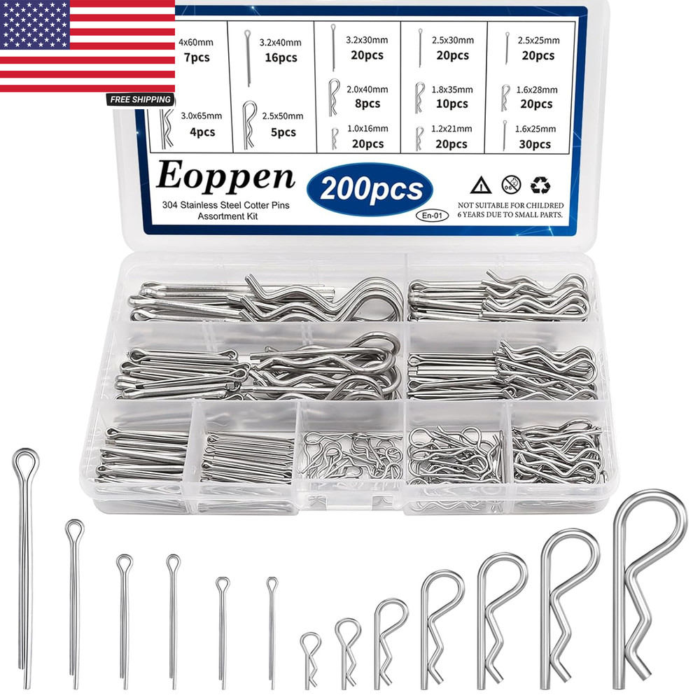 Cotter Pin Assortment Kit – 304 Stainless Steel 13 Sizes Cotter Pins & R Clips C