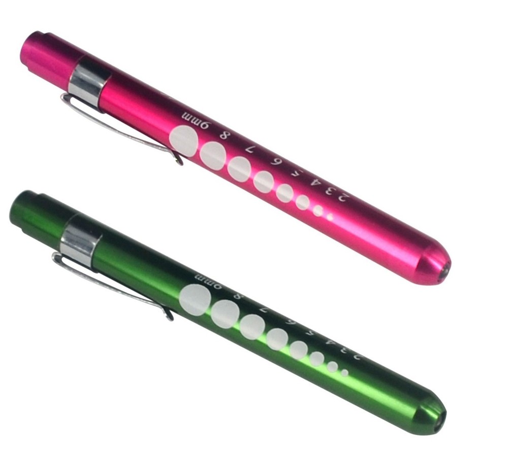 Set 2 PINK GREEN Aluminum Penlight Pocket Medical LED with Pupil Gauge Reusable