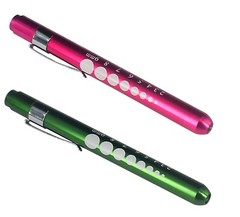 Set 2 PINK GREEN Aluminum Penlight Pocket Medical LED with Pupil Gauge Reusable