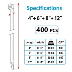 400 Pack Assorted Zip Ties 4/6/8/12 Inch UV Resistant Cable Wire Ties
