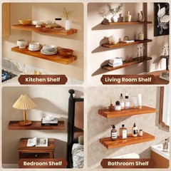36 Inch Teak Floating Shelves Set of 2 – Solid Natural Wood Wall Mounted Shel…