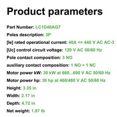 LC1D40AG7 Contactor 120V coil AC 40A replace Deca Schneider Contactor LC1D40AG7
