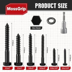 25 Sets Heavy Duty 1/2″ x 4″ Hex Lag Screws & Washers – Black Zinc Plated for Wo