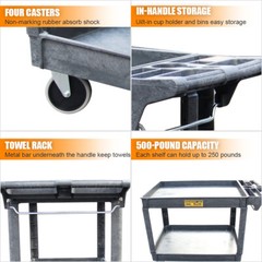 2-Shelf Utility Polypropylene Cart 500 lb Heavy Duty Rolling Plastic 16*30″ Cart
