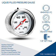 SENCTRL 0-100 Psi Fuel Pressure Gauge, 1-1/2″ Dial Size, 1/8″ NPT Back Mount, Gl