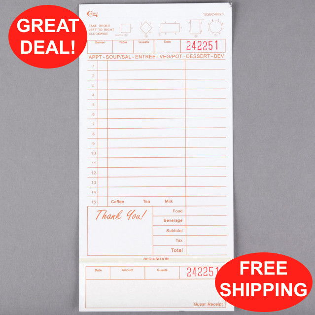 (2000-Pack) 3 Part Tan and White Carbonless Guest Check w/ Bottom Guest Receipt