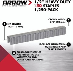 Arrow 508 Heavy Duty T50 1/2-Inch Leg Length, 3/8-Inch Crown, Staples for