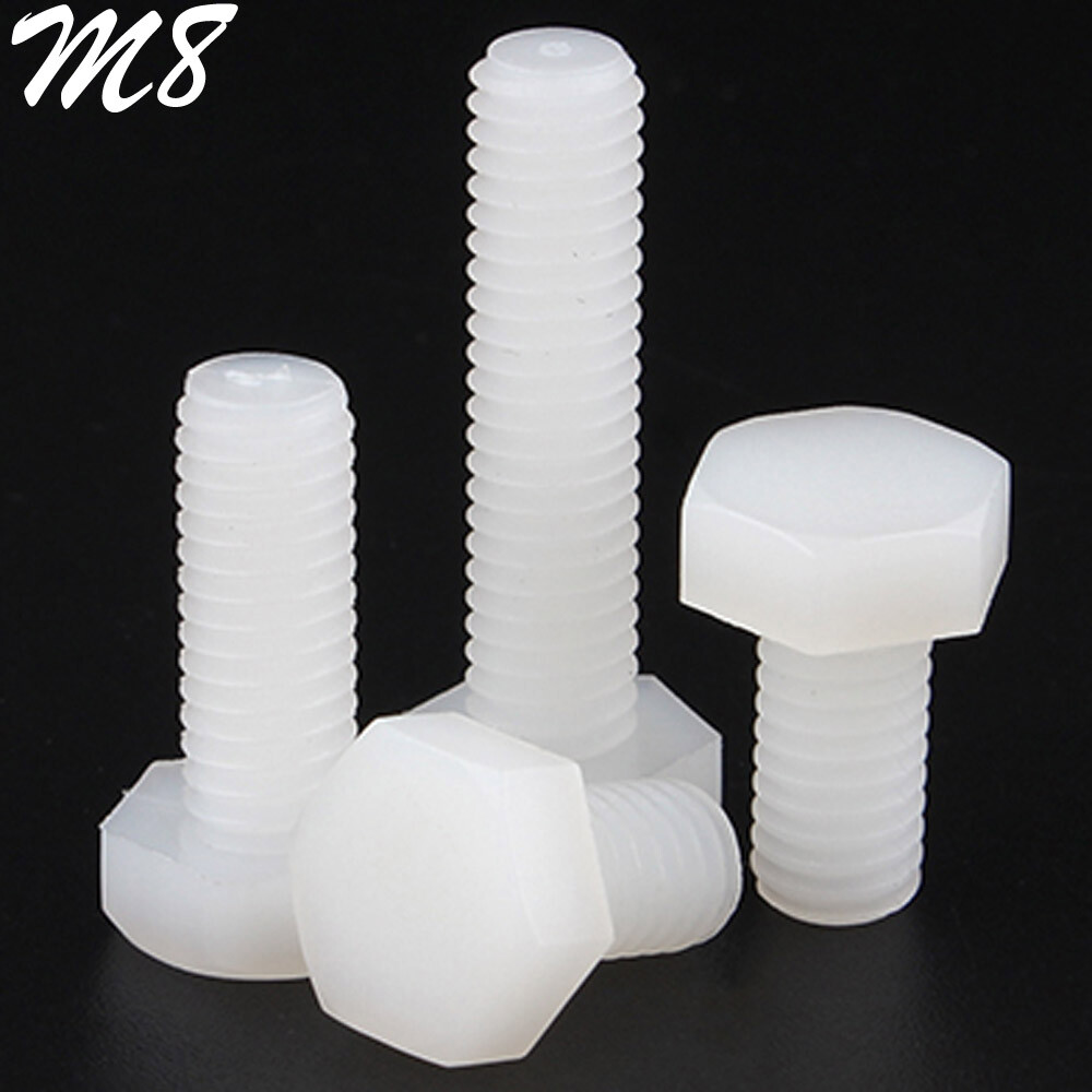 M8 – 1.25 White Nylon Hex Head Bolts Full Thread Hex Cap Plastic Screws DIN 933
