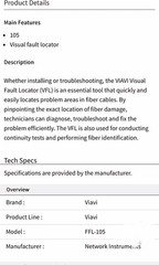 VIAVI FFL-105 Rugged Visual Fault Locator for Fiber 5mW, w/ Adapter, Case (P1)