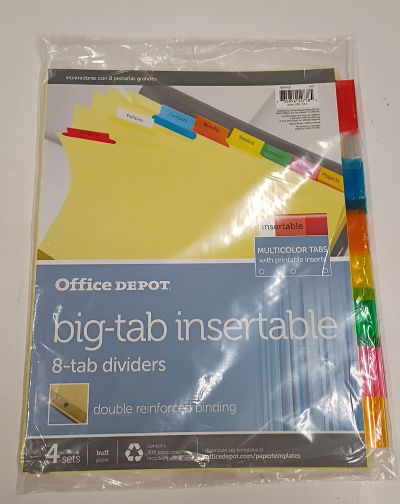 Office Depot Big-Tab Insertable 8-Tab Dividers 4-Sets Item 976-344