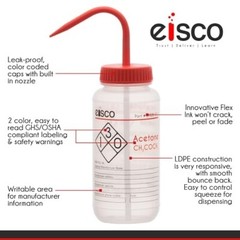 Acetone Wash Bottle, 500ml – Wide Mouth, Pre-Labeled – LDPE – Eisco Labs