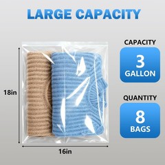 3 Gallon Large Plastic Storage Bags, 8 Pack Jumbo Size, 16″ x 18″, Large Clear