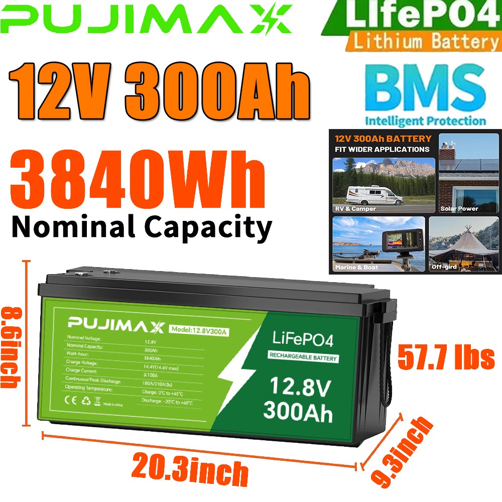 300AH 12V LiFePO4 Lithium Battery Deep Cycle Built-in BMS for Solar RV Off-grid