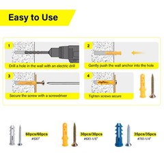 140pcs Drywall Anchors and Screws #5 (1”), #6 (1-1/5”), #7 (1-1/4”), ferrous