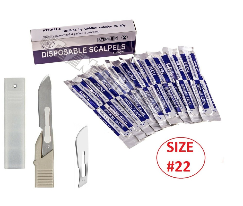 Disposable Scalpel Blades No.22 With Plastic Handle ( Box of 10 ) Sterile