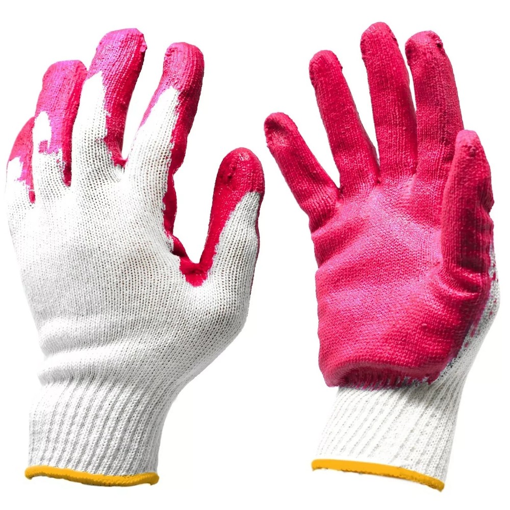 8 pairs Cotton String Knit Work Gloves with Red Latex Rubber Coating.