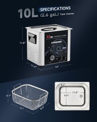 CREWORKS 33kHz 10L 240W Ultrasonic Cleaner with Degas & Gentle Modes 300W Heater