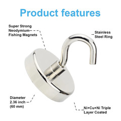 1pc N52 Neodymium Magnet Hook: Super Strong Fishing Salvage Round D42mm – NEW