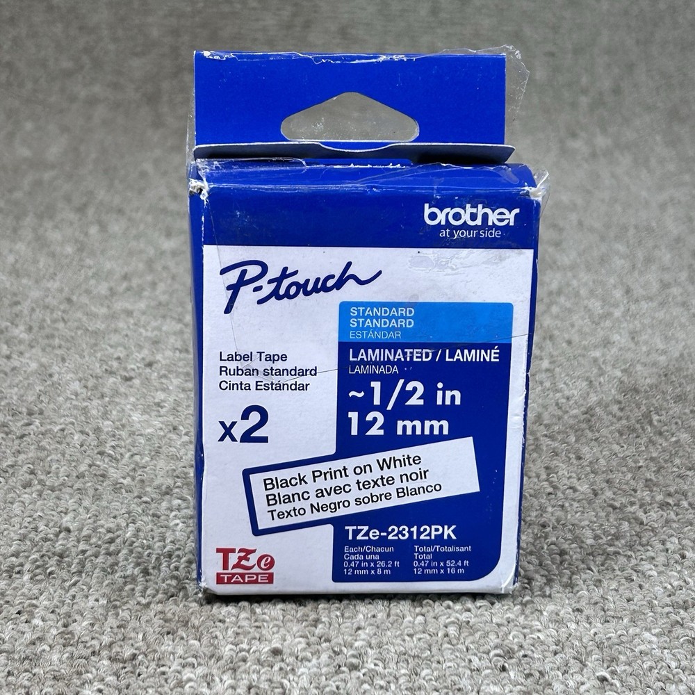 Brother P-Touch Standard Laminated Label Tape 2 Pack Black On White TZe-2312PK