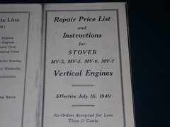 Stover MV2 MV5 MV6 MV7 Vertical Engines Repair Price List & Instructions 1940