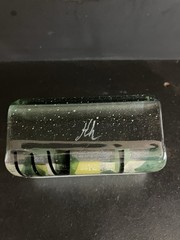 Fused Glass Dichroic Green, White, Yellow, Black Signed Business Card Holder 3″