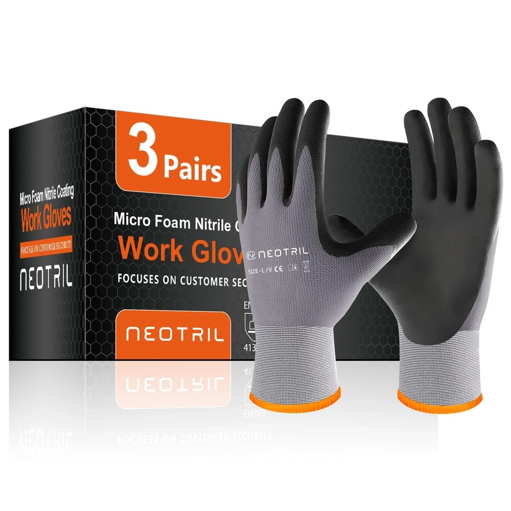 Safety Work Gloves Microfoam Nitrile Coated-3 Pairs, Seamless Knit Nylon