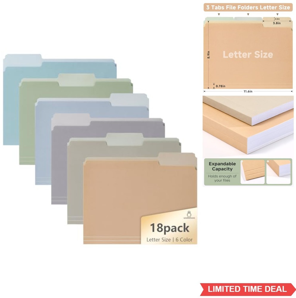 File Folders Letter Size 18 Pack Assorted Colors Two-Tone 1/3 Cut Tab 8.5×11
