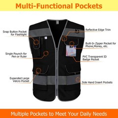 TCCFCCT Black Safety Vest for Men Women 9 Pockets High Visibility Reflective …