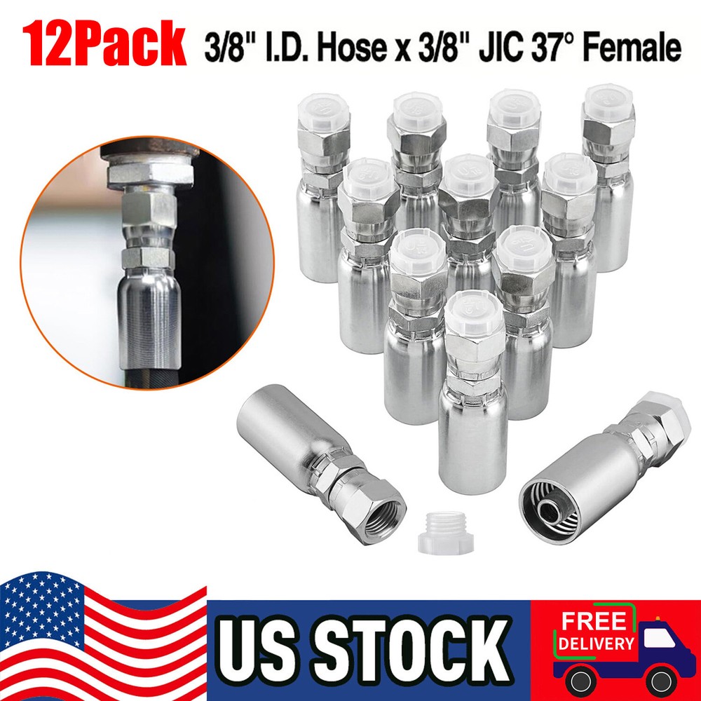 (12) New 3/8″ Hydraulic Hose End Fittings: 3/8″ I.D. Hose x 3/8″ JIC 37 ° Female