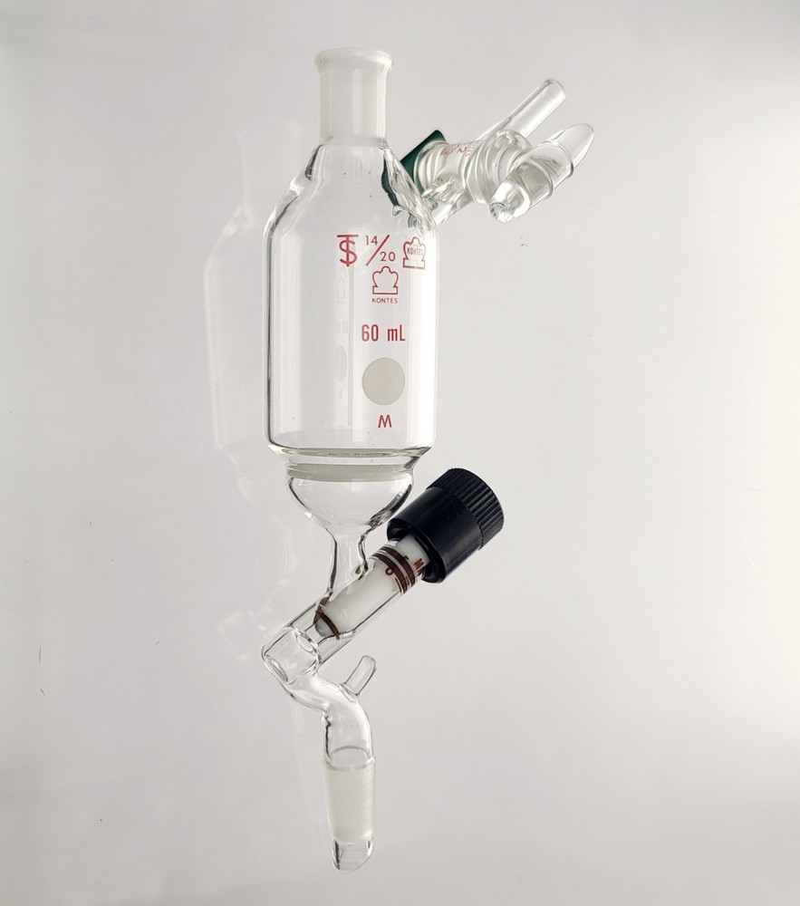Kontes 60mL Fritted Addition Funnel, Medium Frit, 0-5mm Metering Valve, 14/20