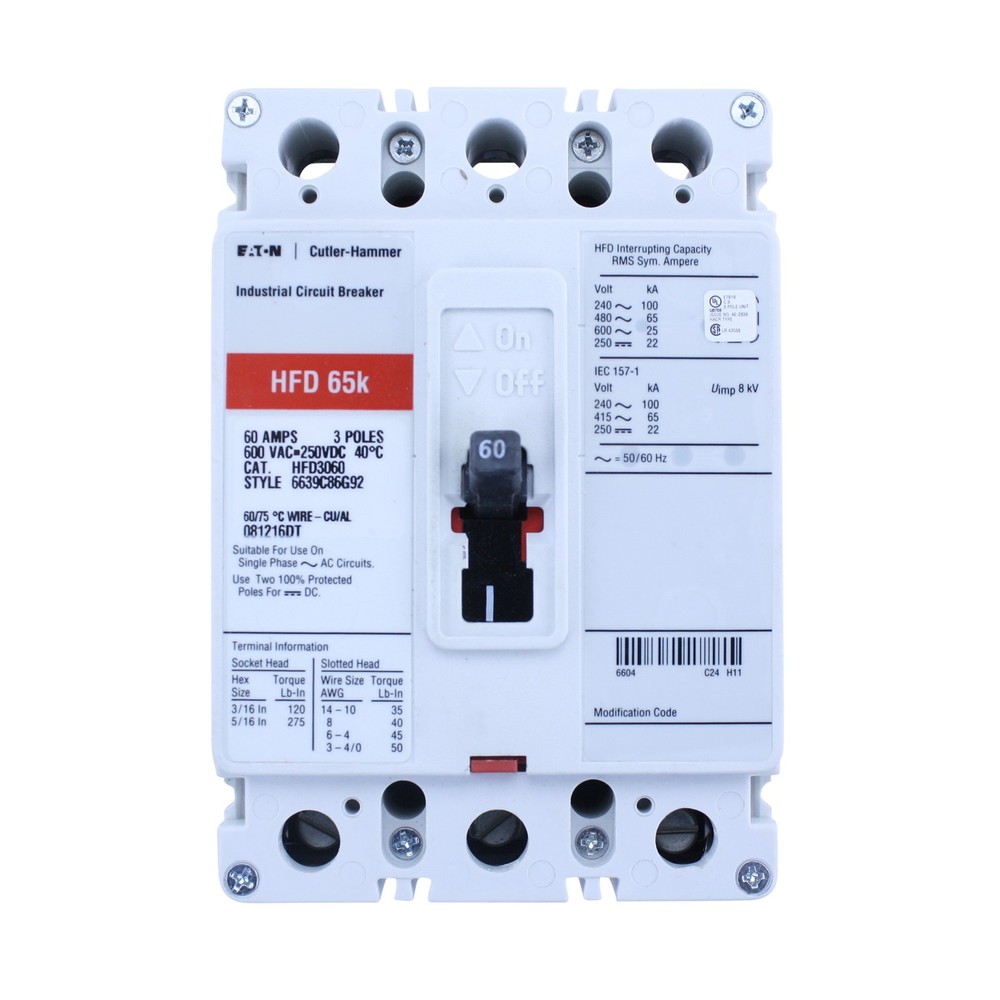 EATON CUTLER-HAMMER HFD3060 6639C86G92 3 POLE 60 AMP 600V CIRCUIT BREAKER